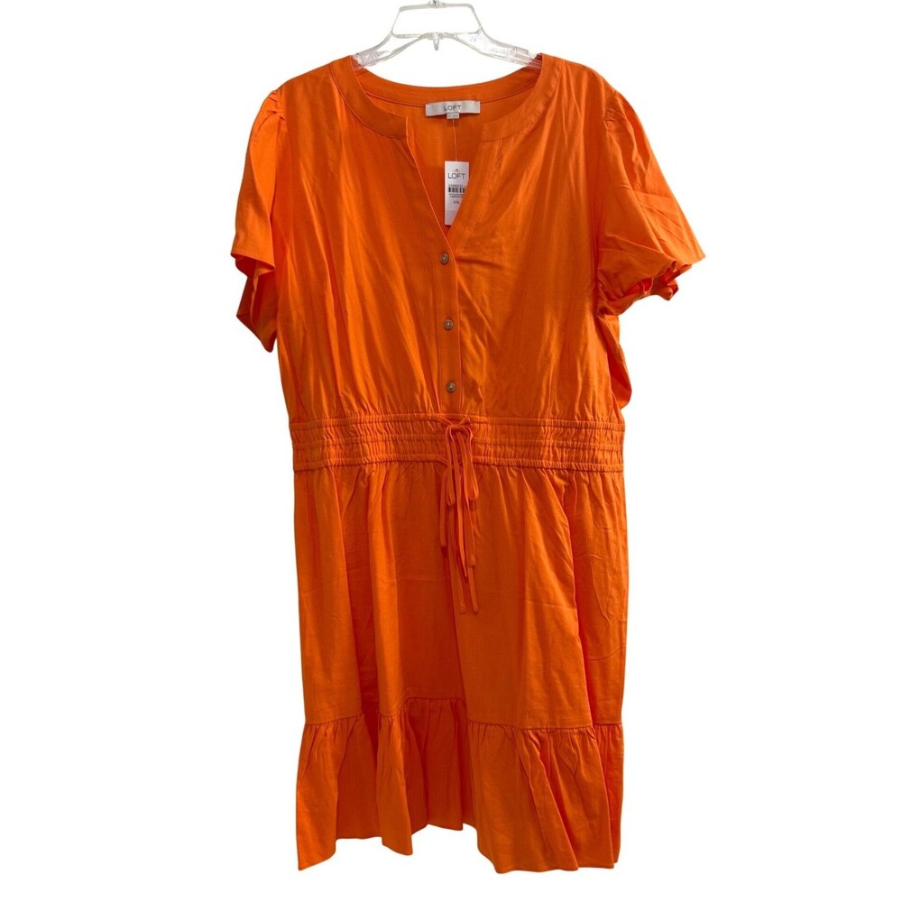 Loft Orange Button Front Dress Drawstring Waist Short Sleeves Ruffled Hem XXL